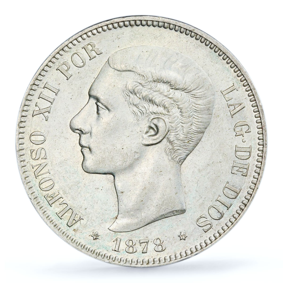 Spain 5 pesetas King Alfonso XII Coinage KM-676 AU55 PCGS silver coin 1878