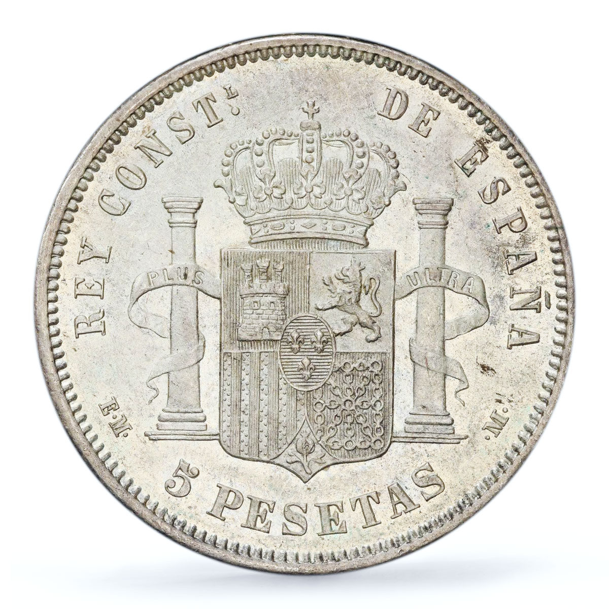 Spain 5 pesetas King Alfonso XII Coinage KM-676 AU55 PCGS silver coin 1878