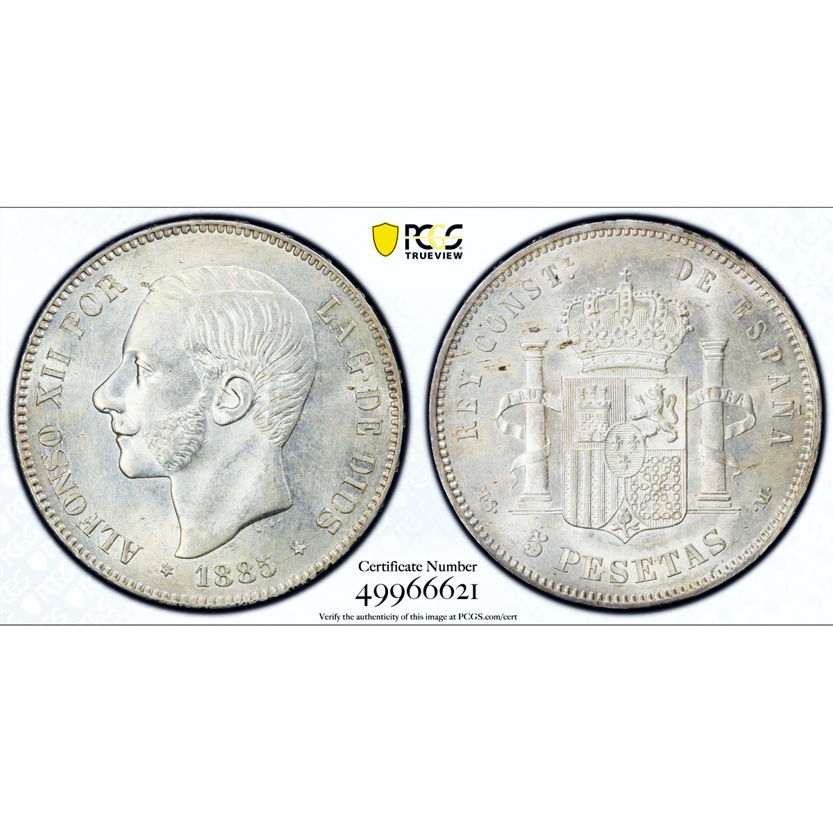 Spain 5 pesetas King Alfonso XII Coinage KM-688 MS61 PCGS silver coin 1885
