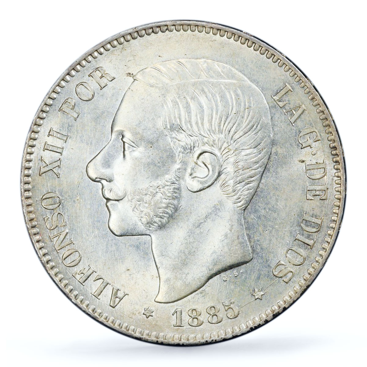 Spain 5 pesetas King Alfonso XII Coinage KM-688 MS61 PCGS silver coin 1885