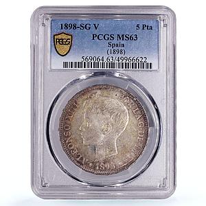 Spain 5 pesetas King Alfonso XIII Child Portrait MS63 PCGS silver coin 1898