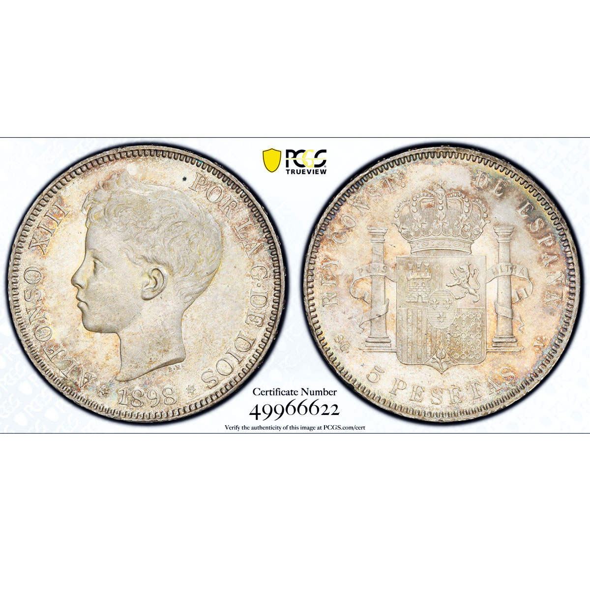 Spain 5 pesetas King Alfonso XIII Child Portrait MS63 PCGS silver coin 1898