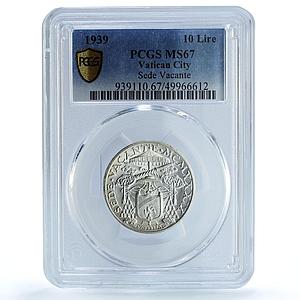 Italy Vatican 10 lire Sede Vacante Dove Sun KM-21 MS67 PCGS silver coin 1939