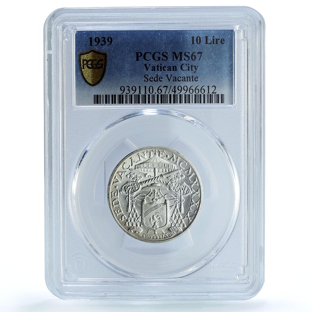 Italy Vatican 10 lire Sede Vacante Dove Sun KM-21 MS67 PCGS silver coin 1939 Italy Vatican 10 lire Sede Vacante Dove Sun KM-21 MS67 PCGS silver coin 1939