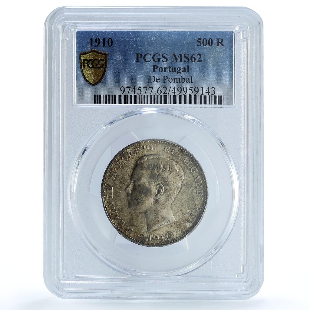 Portugal 500 reis Marquez de Pombal Seated Victory MS62 PCGS silver coin 1910 Portugal 500 reis Marquez de Pombal Seated Victory MS62 PCGS silver coin 1910