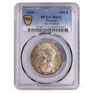 Portugal 500 reis Marquez de Pombal Seated Victory MS62 PCGS silver coin 1910