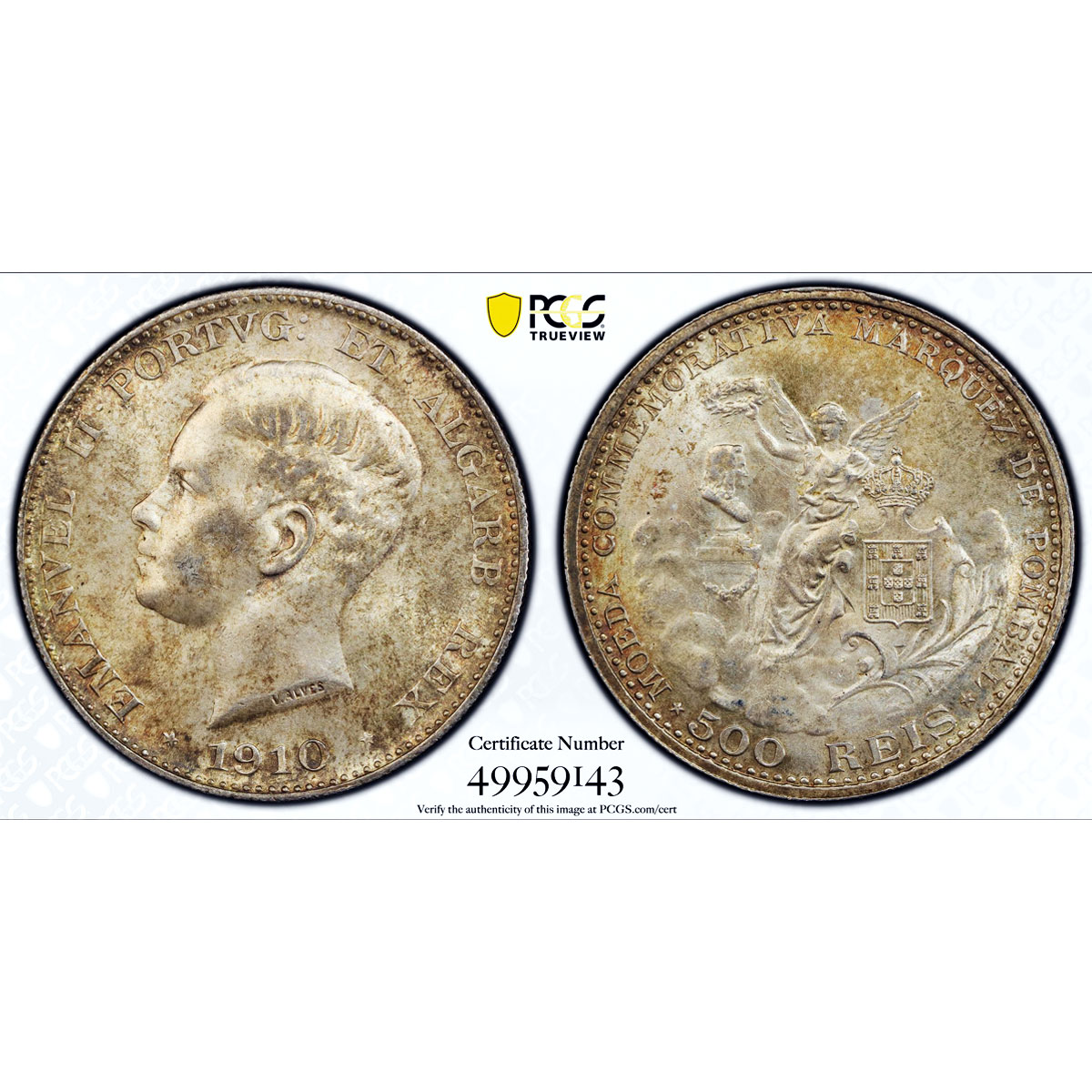 Portugal 500 reis Marquez de Pombal Seated Victory MS62 PCGS silver coin 1910