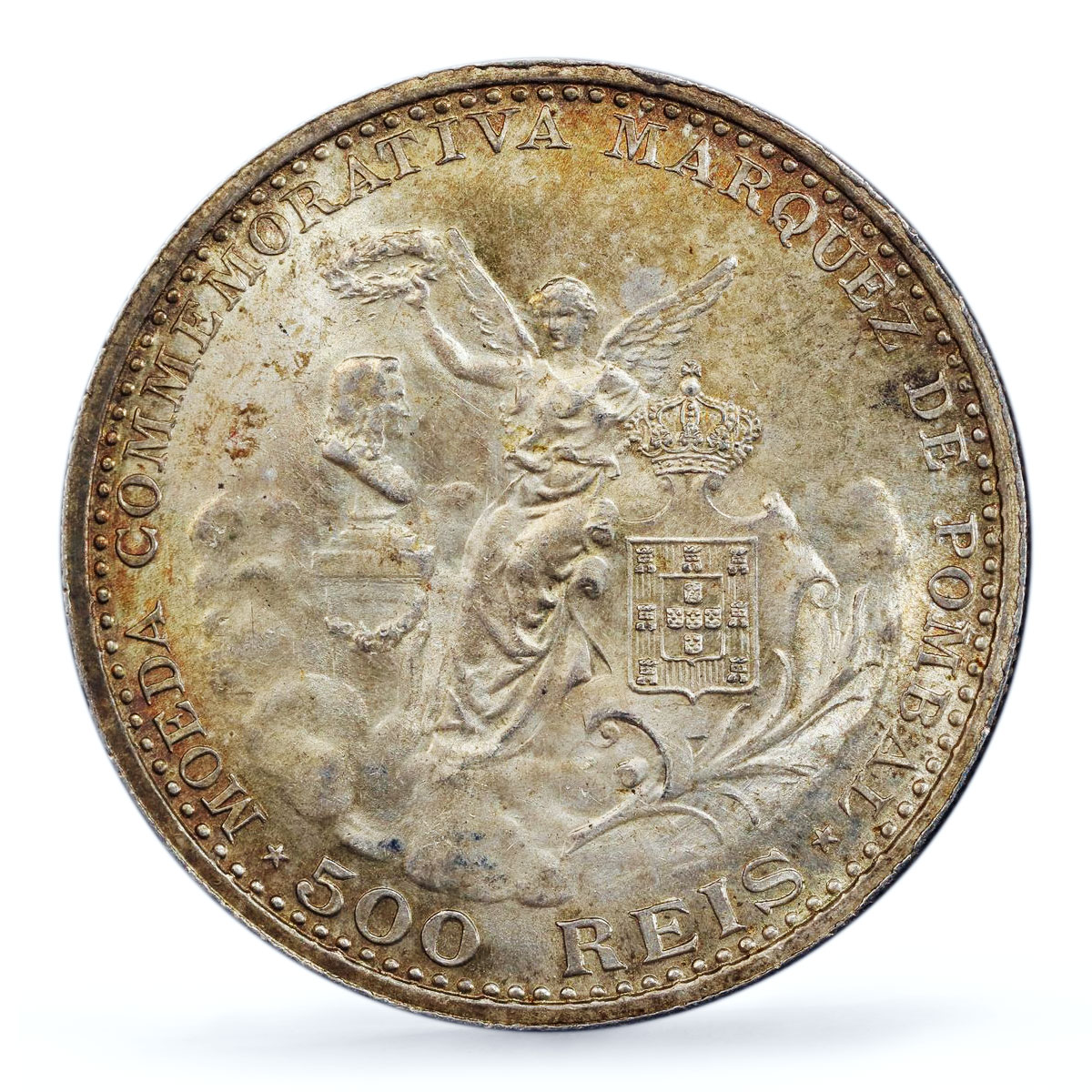 Portugal 500 reis Marquez de Pombal Seated Victory MS62 PCGS silver coin 1910