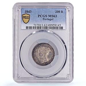 Portugal 200 reis Queen Maria II Coinage KM-474 MS63 PCGS silver coin 1843