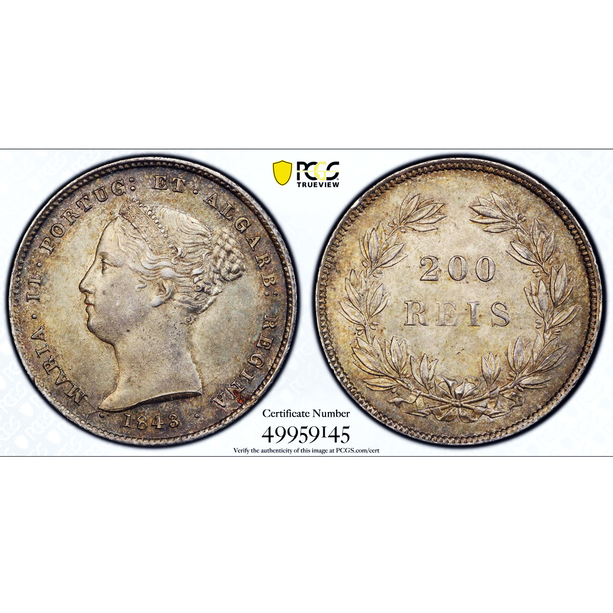 Portugal 200 reis Queen Maria II Coinage KM-474 MS63 PCGS silver coin 1843