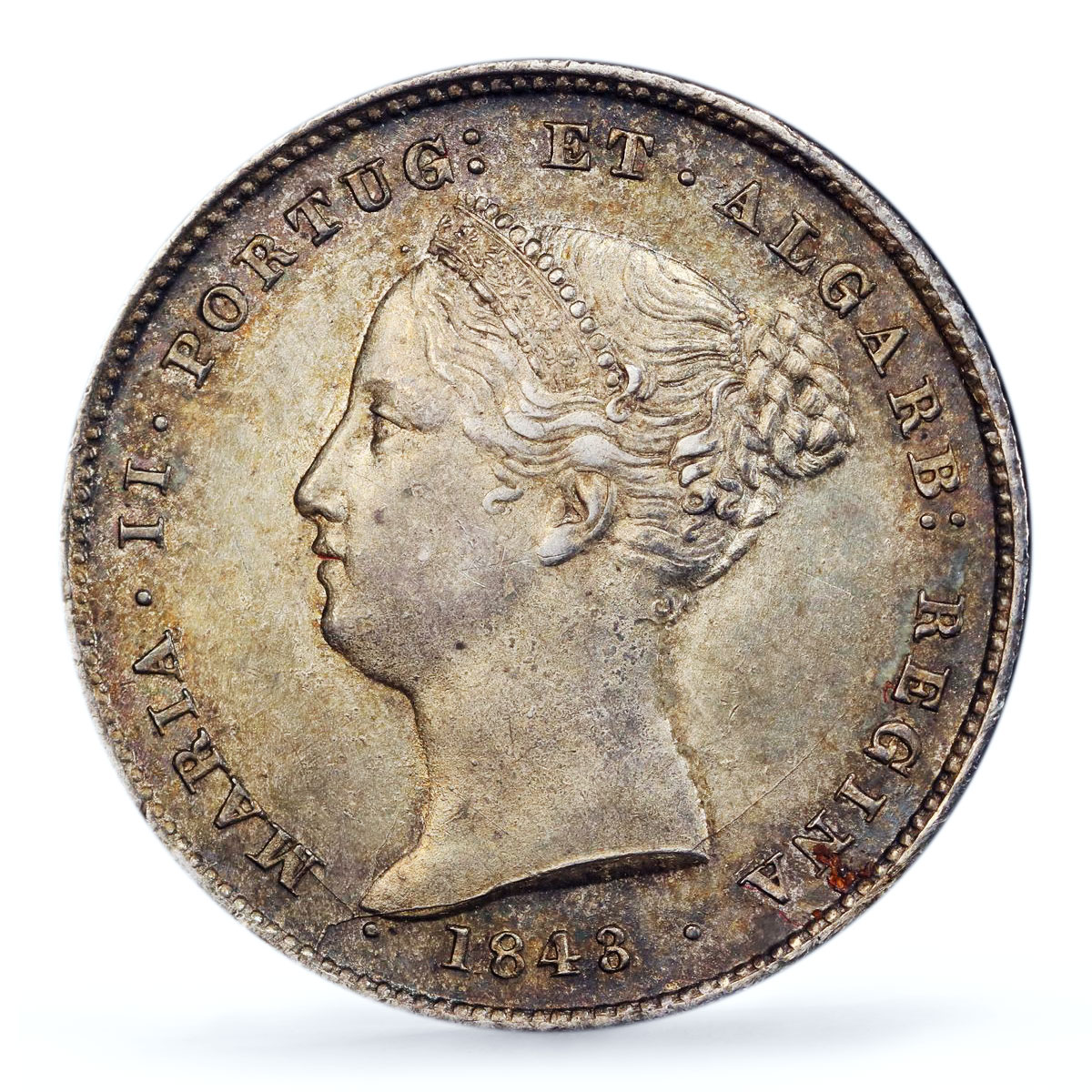 Portugal 200 reis Queen Maria II Coinage KM-474 MS63 PCGS silver coin 1843