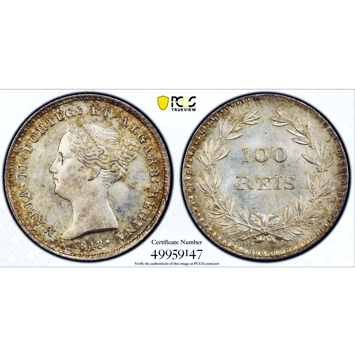 Portugal 100 reis Queen Maria II Coinage KM-473 MS64 PCGS silver coin 1843