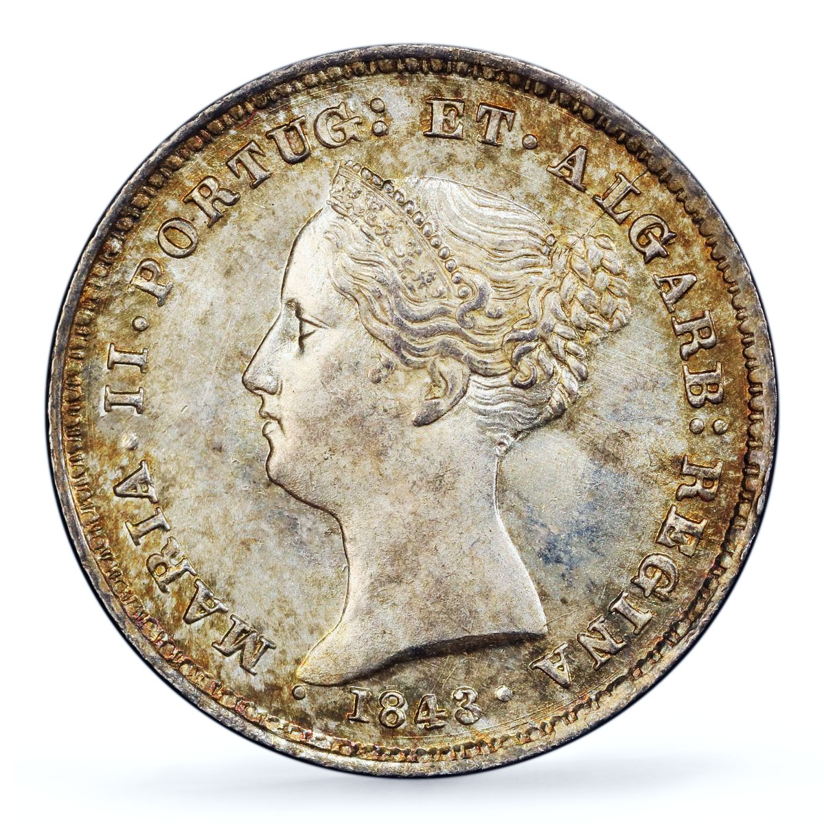Portugal 100 reis Queen Maria II Coinage KM-473 MS64 PCGS silver coin 1843