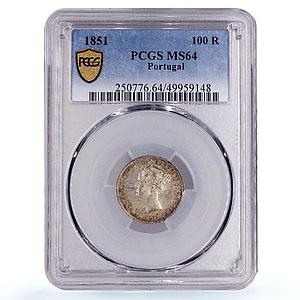 Portugal 100 reis Queen Maria II Coinage KM-485 MS64 PCGS silver coin 1851