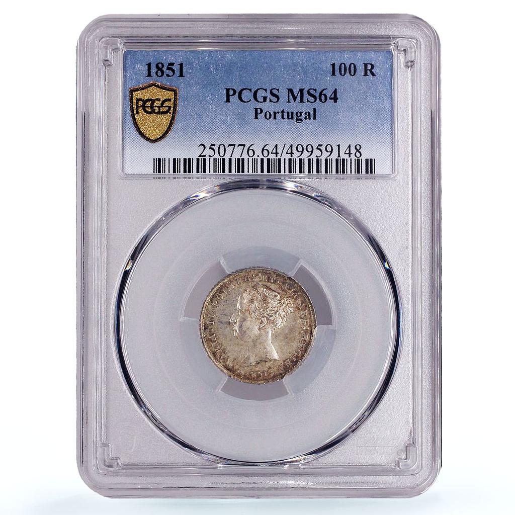 Portugal 100 reis Queen Maria II Coinage KM-485 MS64 PCGS silver coin 1851
