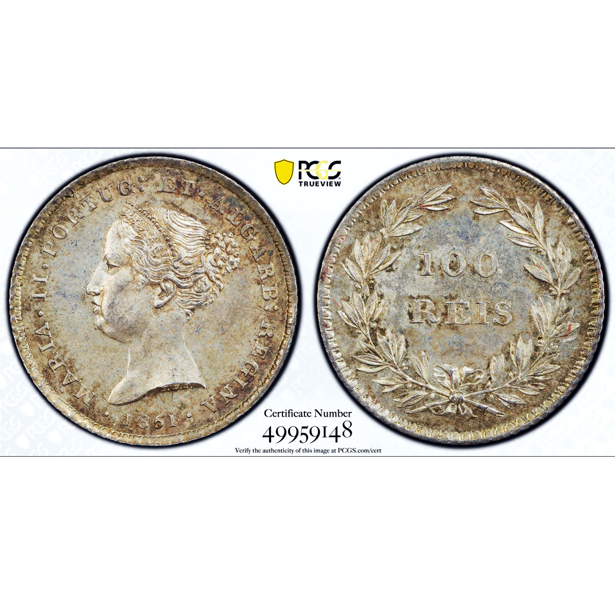 Portugal 100 reis Queen Maria II Coinage KM-485 MS64 PCGS silver coin 1851