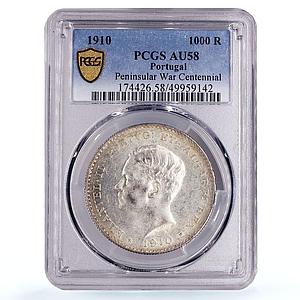 Portugal 1000 reis King Manuel II Peninsular War AU58 PCGS silver coin 1910