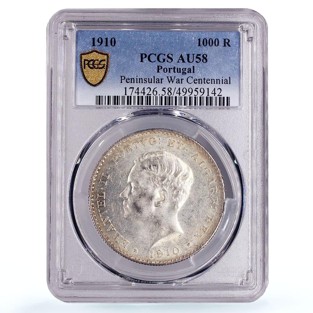 Portugal 1000 reis King Manuel II Peninsular War AU58 PCGS silver coin 1910