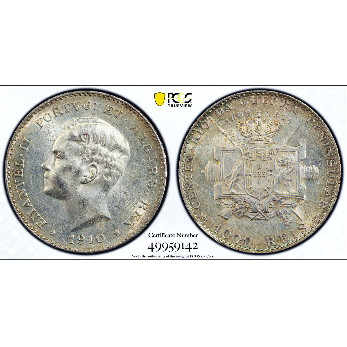 Portugal 1000 reis King Manuel II Peninsular War AU58 PCGS silver coin 1910