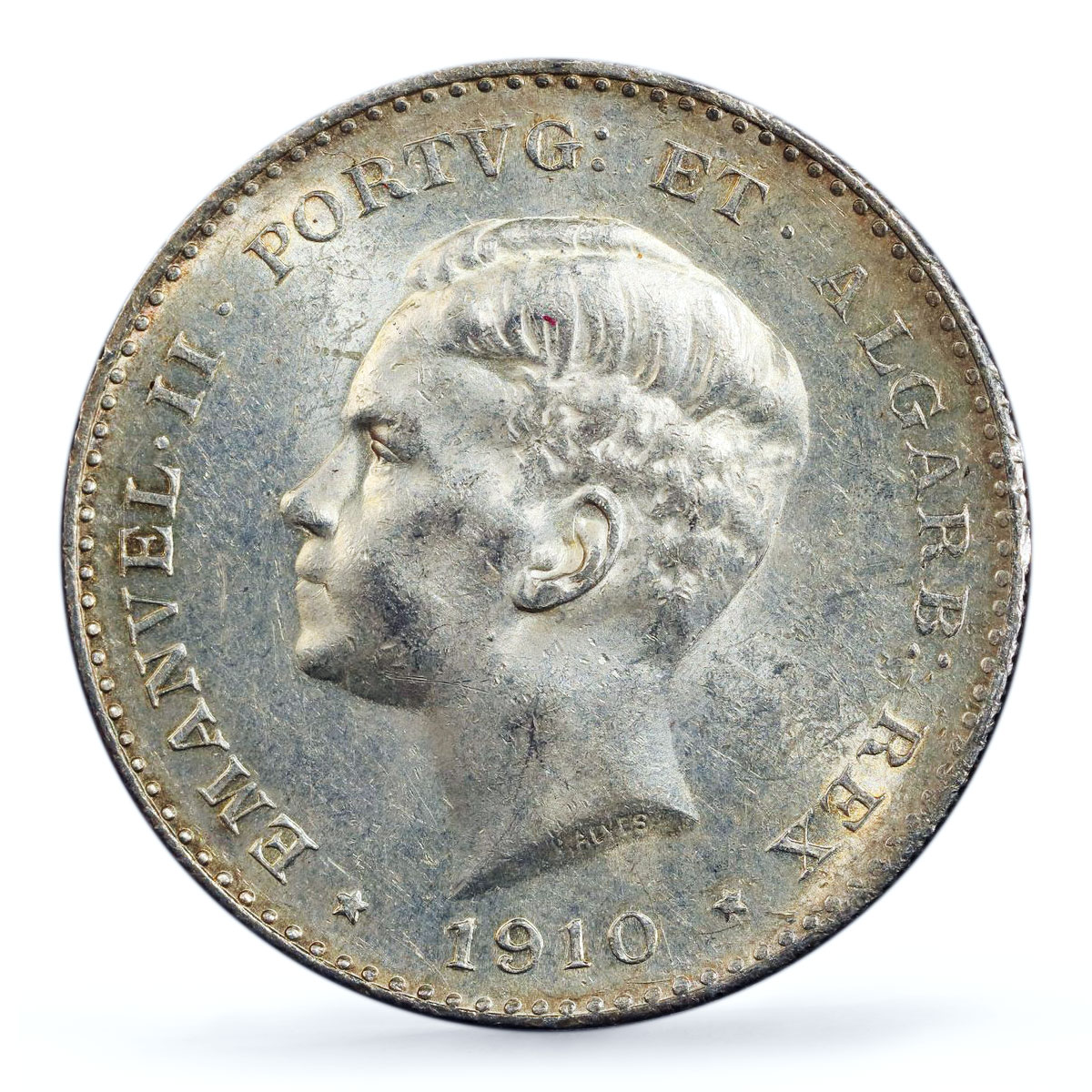 Portugal 1000 reis King Manuel II Peninsular War AU58 PCGS silver coin 1910