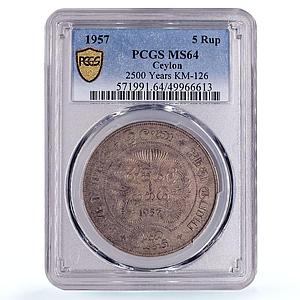 Sri Lanka Ceylon 5 rupees Buddhism 2500 Years Animals MS64 PCGS silver coin 1957