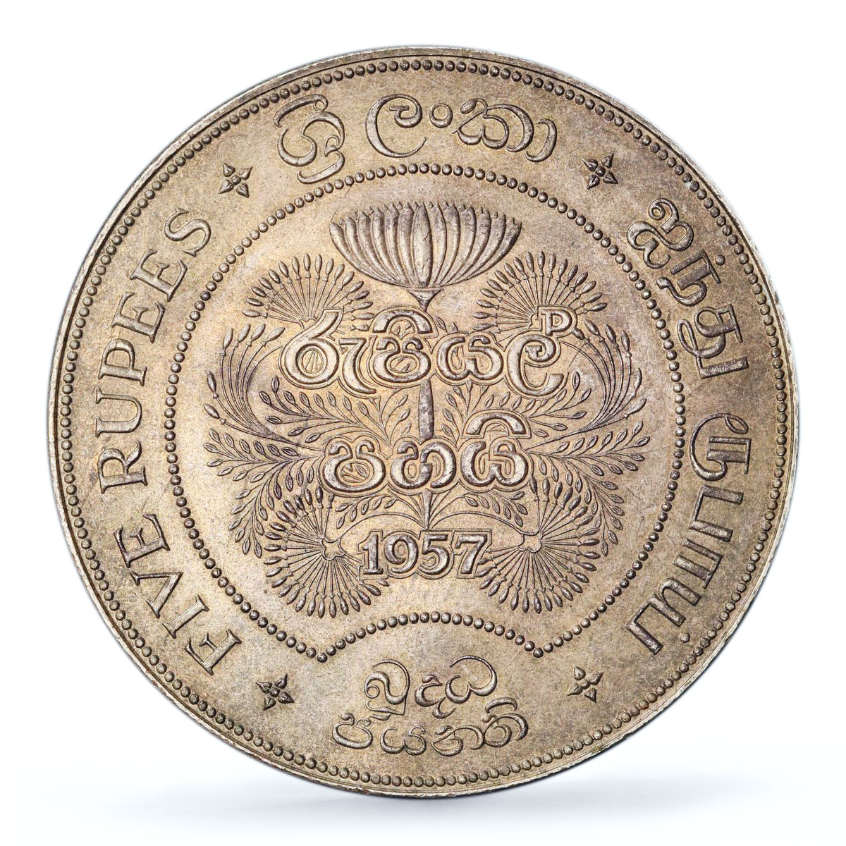 Sri Lanka Ceylon 5 rupees Buddhism 2500 Years Animals MS64 PCGS silver coin 1957