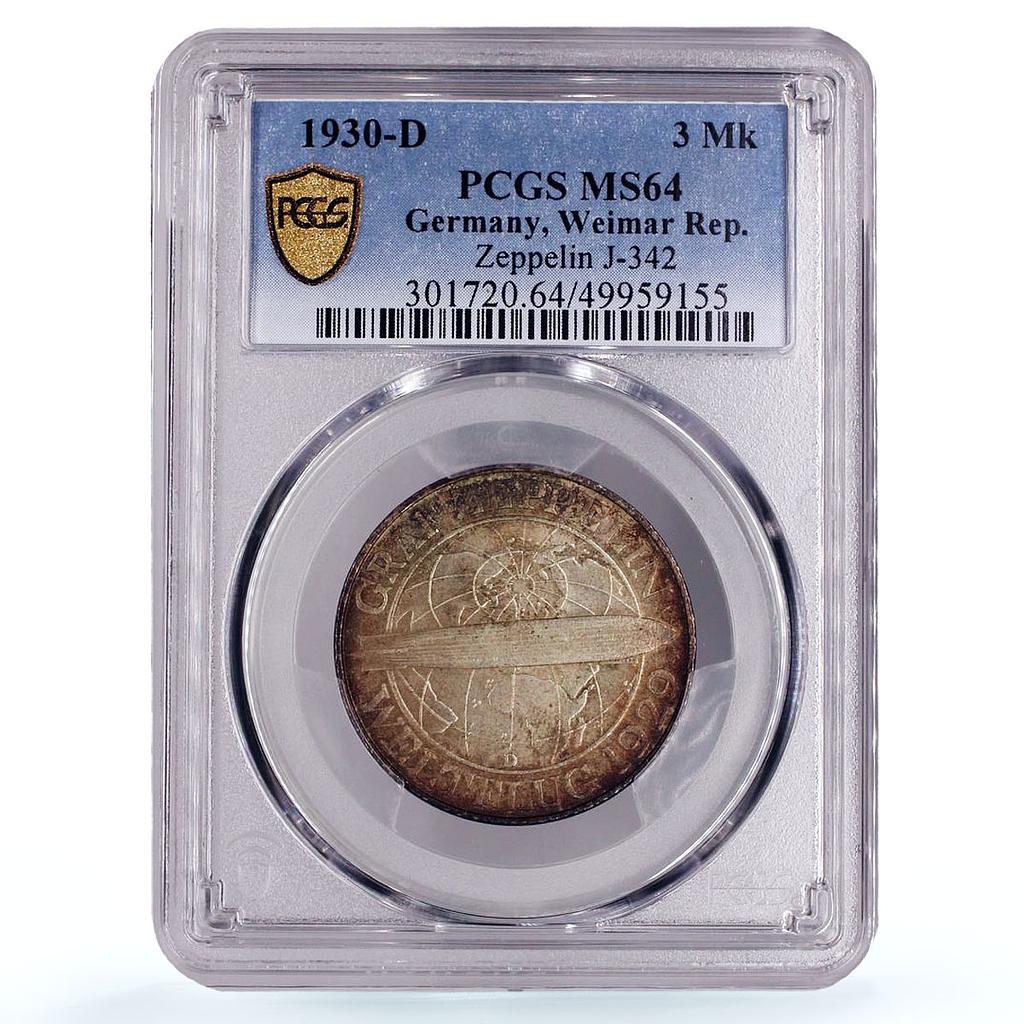 Germany 3 mark Graf Zeppelin Flight Airship Mark D MS64 PCGS silver coin 1930