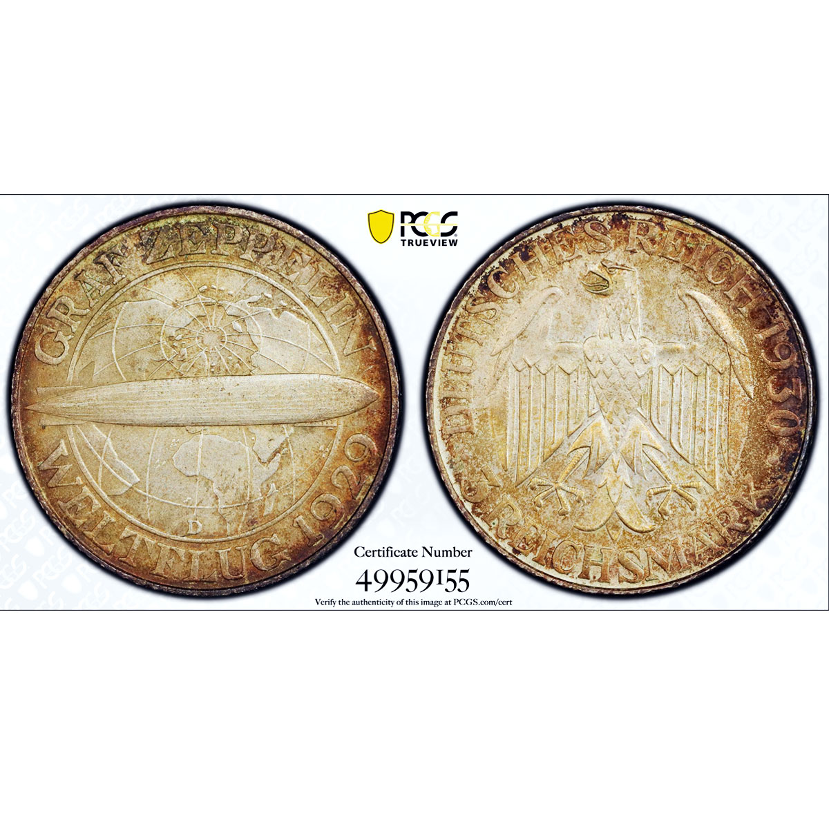 Germany 3 mark Graf Zeppelin Flight Airship Mark D MS64 PCGS silver coin 1930