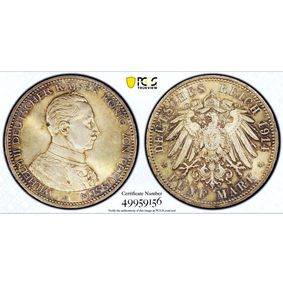 Germany Prussia 5 mark William Wilhelm II Thaler MS64 PCGS silver coin 1914