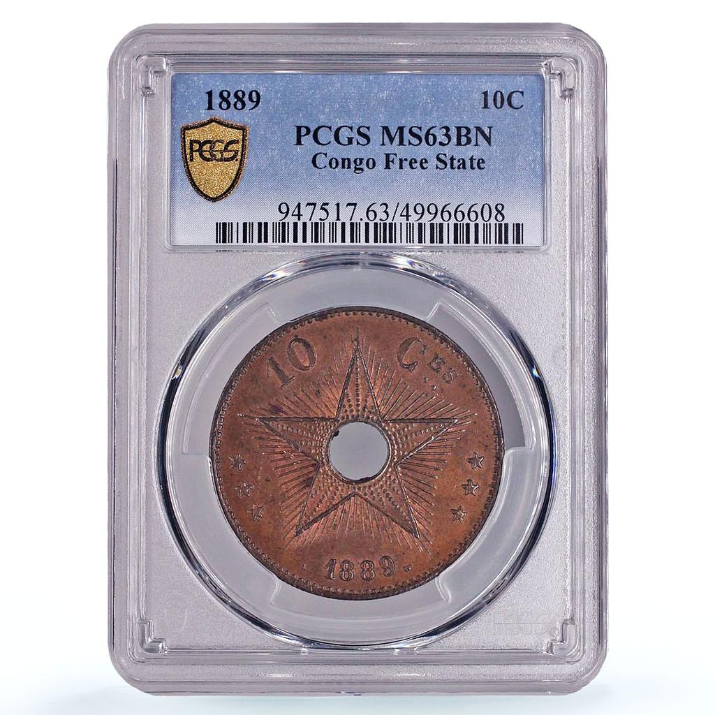 Belgium Congo Free State 10 centimes Leopold II Star MS63 PCGS copper coin 1889