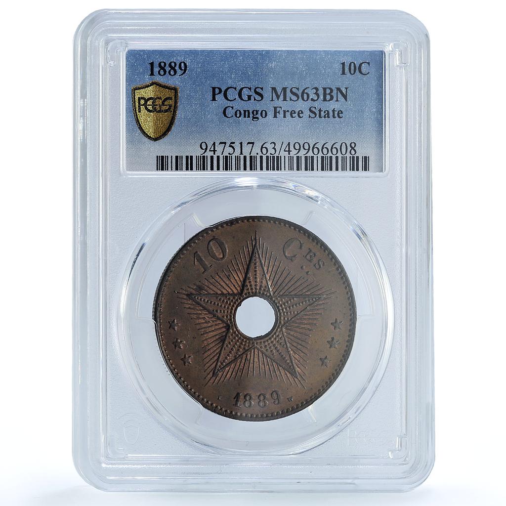 Belgium Congo Free State 10 centimes Leopold II Star MS63 PCGS copper coin 1889 Belgium Congo Free State 10 centimes Leopold II Star MS63 PCGS copper coin 1889
