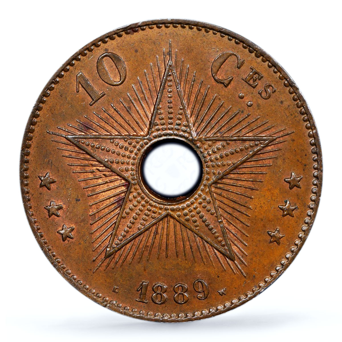 Belgium Congo Free State 10 centimes Leopold II Star MS63 PCGS copper coin 1889