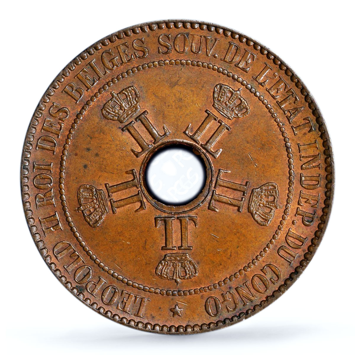 Belgium Congo Free State 10 centimes Leopold II Star MS63 PCGS copper coin 1889