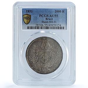 Brazil 2000 reis King Pedro II Coinage KM-462 AU55 PCGS silver coin 1851