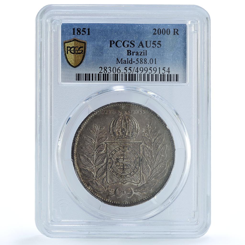 Brazil 2000 reis King Pedro II Coinage KM-462 AU55 PCGS silver coin 1851 Brazil 2000 reis King Pedro II Coinage KM-462 AU55 PCGS silver coin 1851
