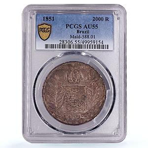 Brazil 2000 reis King Pedro II Coinage KM-462 AU55 PCGS silver coin 1851