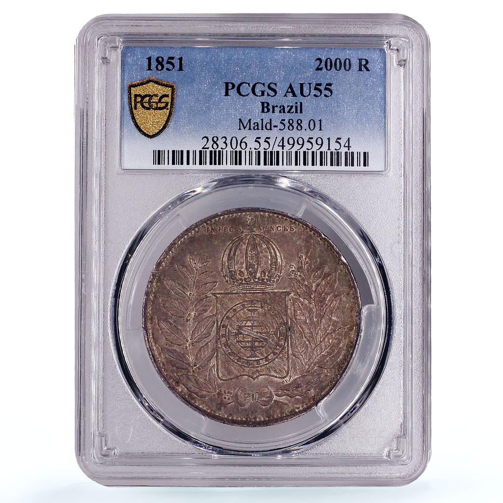 Brazil 2000 reis King Pedro II Coinage KM-462 AU55 PCGS silver coin 1851