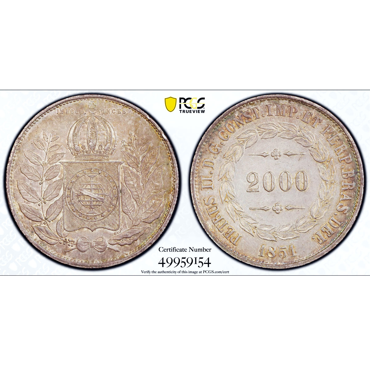 Brazil 2000 reis King Pedro II Coinage KM-462 AU55 PCGS silver coin 1851