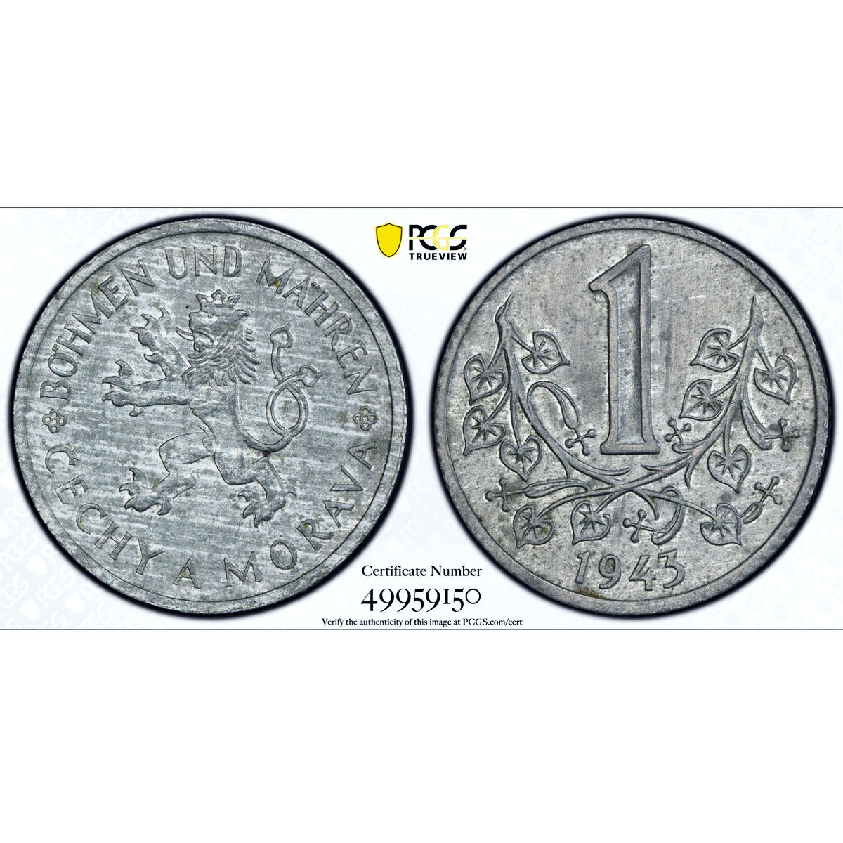 Czech Bohemia Moravia koruna German Occupation Coinage KM-4 MS63 PCGS coin 1943