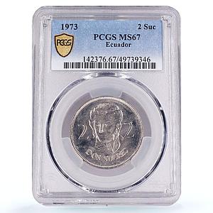 Ecuador 2 sucre Non Circulating Destroyed Mintage KM-82 MS67 PCGS CuNi coin 1973
