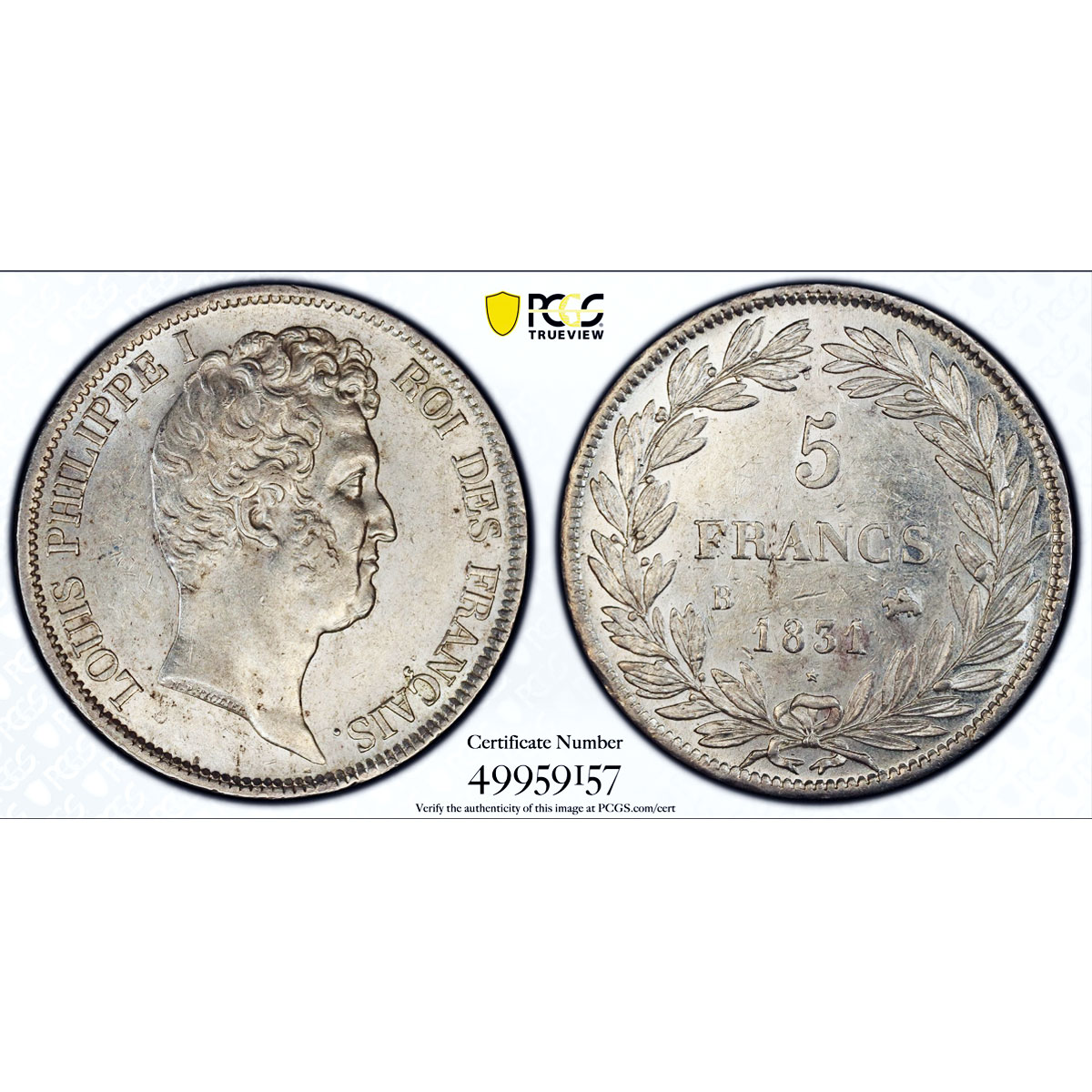 France 5 francs Louis Philippe Coinage Rouen Mint AU58 PCGS silver coin 1831