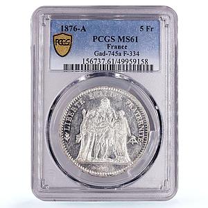 France 5 francs Liberty Equality Fraternity Hercules MS61 PCGS silver coin 1876
