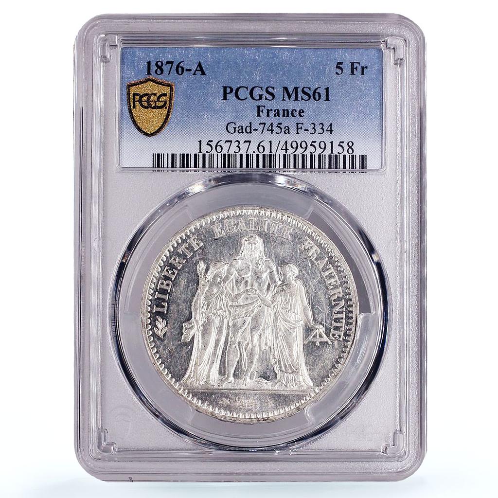 France 5 francs Liberty Equality Fraternity Hercules MS61 PCGS silver coin 1876