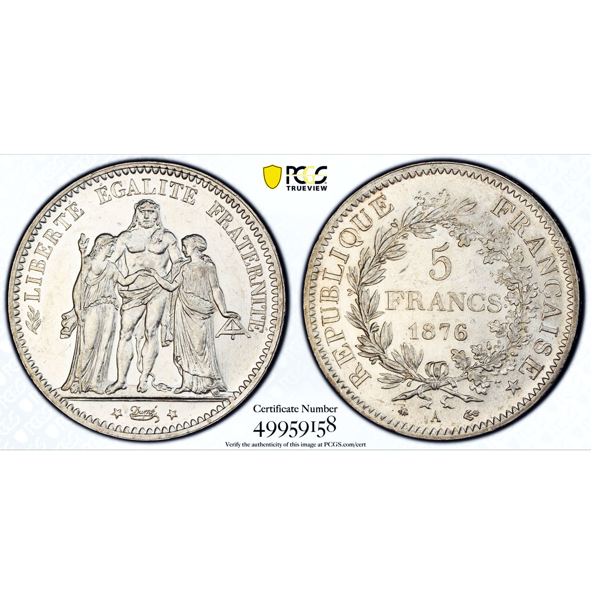 France 5 francs Liberty Equality Fraternity Hercules MS61 PCGS silver coin 1876