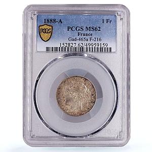 France 1 franc 3d Republic Coinage Ceres Head KM-822 MS62 PCGS silver coin 1888
