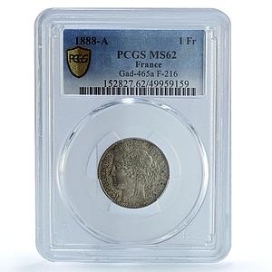 France 1 franc Third Republic KM-822 Fad-465a F-216 MS 62 PCGS silver coin 1888