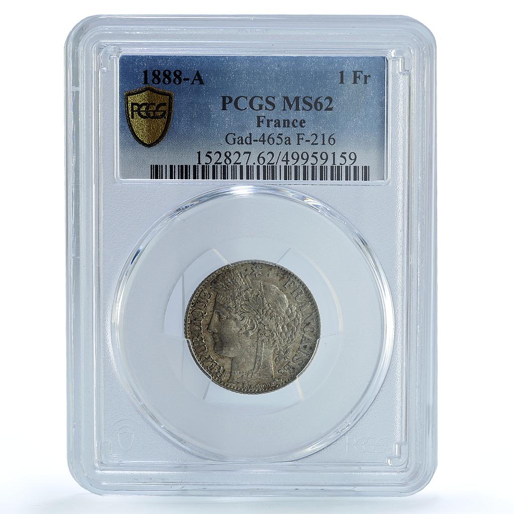 France 1 franc Third Republic KM-822 Fad-465a F-216 MS 62 PCGS silver coin 1888