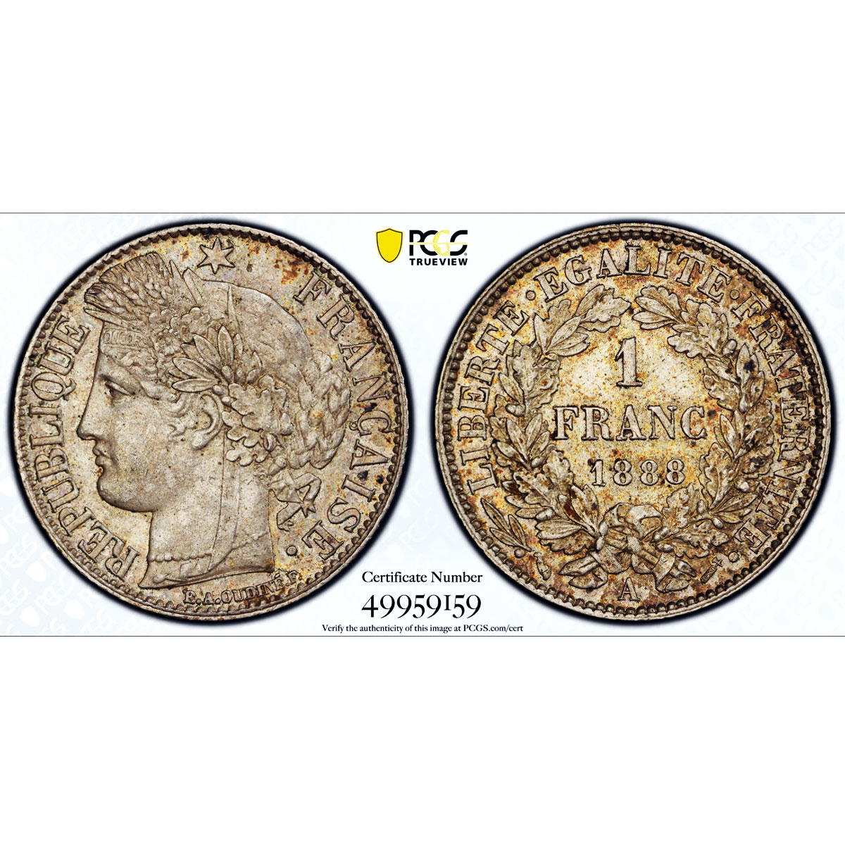 France 1 franc 3d Republic Coinage Ceres Head KM-822 MS62 PCGS silver coin 1888