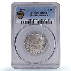 Netherlands W. Friesland 6 stuiver Ship Clipper KM-76 MS63 PCGS silver coin 1678