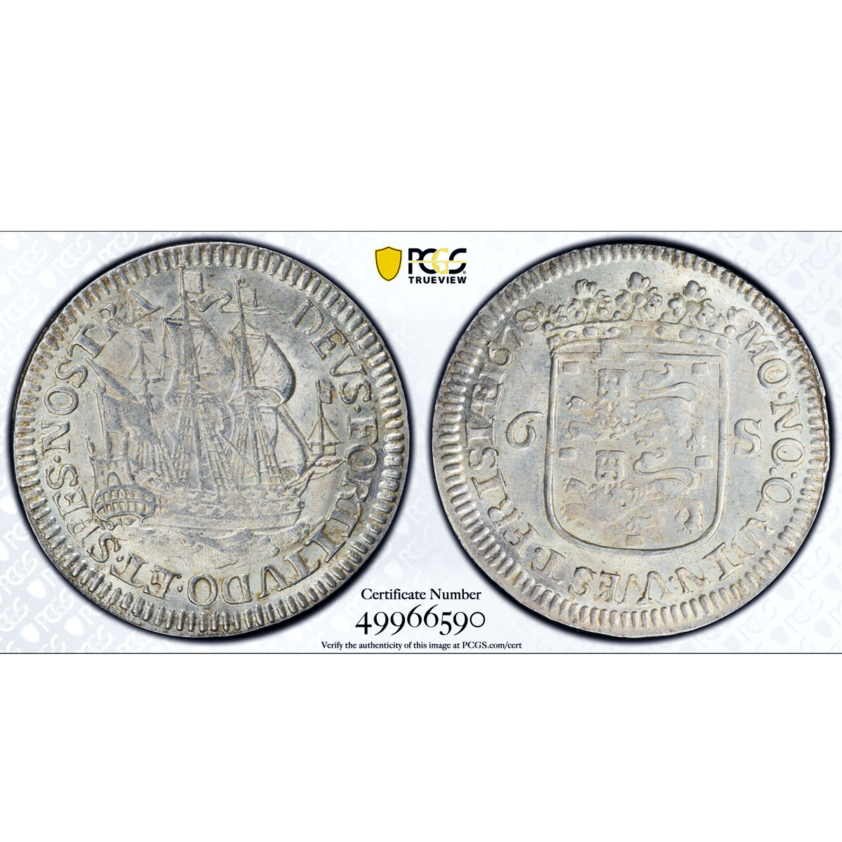 Netherlands W. Friesland 6 stuiver Ship Clipper KM-76 MS63 PCGS silver coin 1678